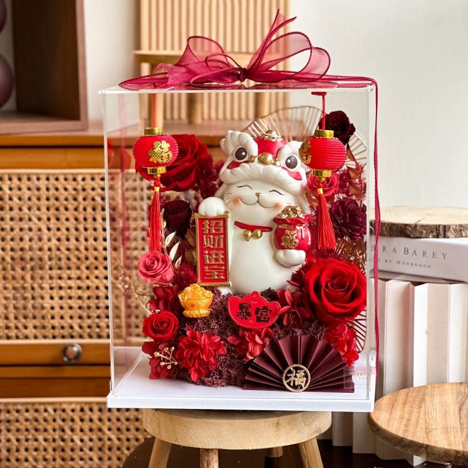 Seri Kembangan Grand Opening Gift l Fortune Cat Preserved Flowers