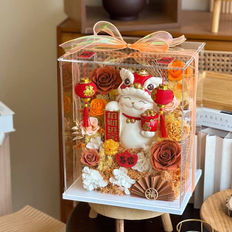 Seri Kembangan Grand Opening Gift l Fortune Cat Preserved Flowers